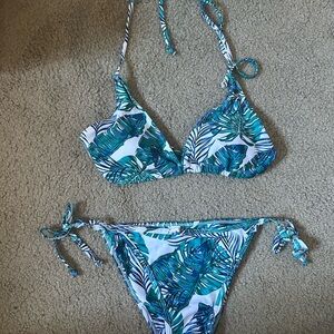 SHEIN Blue Green Tropical Leaf Tie Bikini